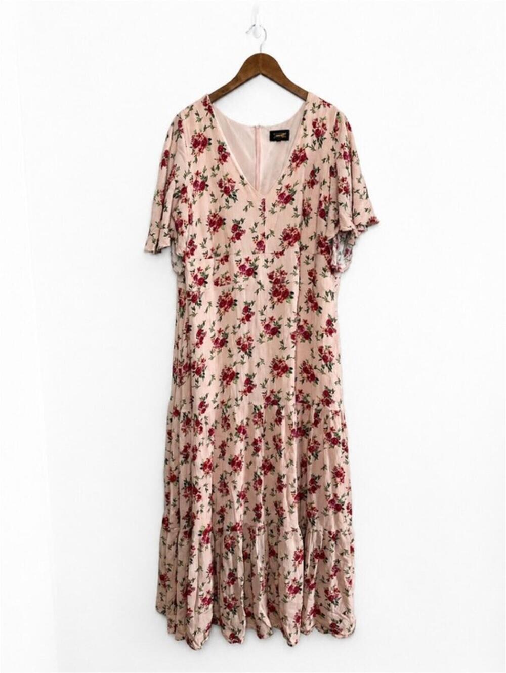 Alexa Admor Women's 2X Pink Floral Maxi Flutter Sleeve Tiered Boho Dress